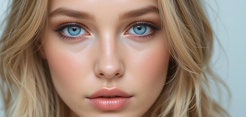 Fototapeta premium Close-up portrait of a stunning young woman with bright blue eyes and long blonde hair, showcasing flawless skin and delicate features.