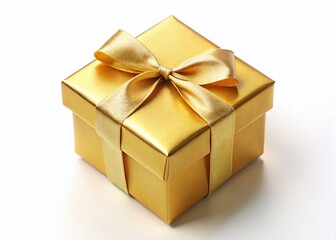 Obraz premium Minimalist Golden Gift Box Isolated on White Background - Luxury Present Packaging
