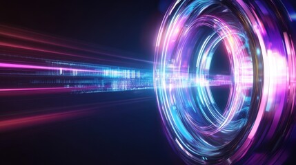 Abstract digital art featuring vibrant light trails and glowing circular shapes against a dark background, creating a sense of motion and depth in a futuristic design