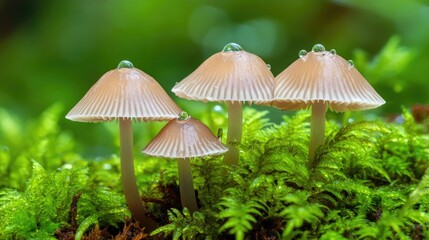 Fototapeta premium A harmonious composition of mushrooms and dew drops against a backdrop of vibrant foliage, highlighting the lushness of a thriving forest ecosystem