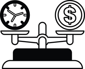 A scale with a clock and a dollar sign on each side