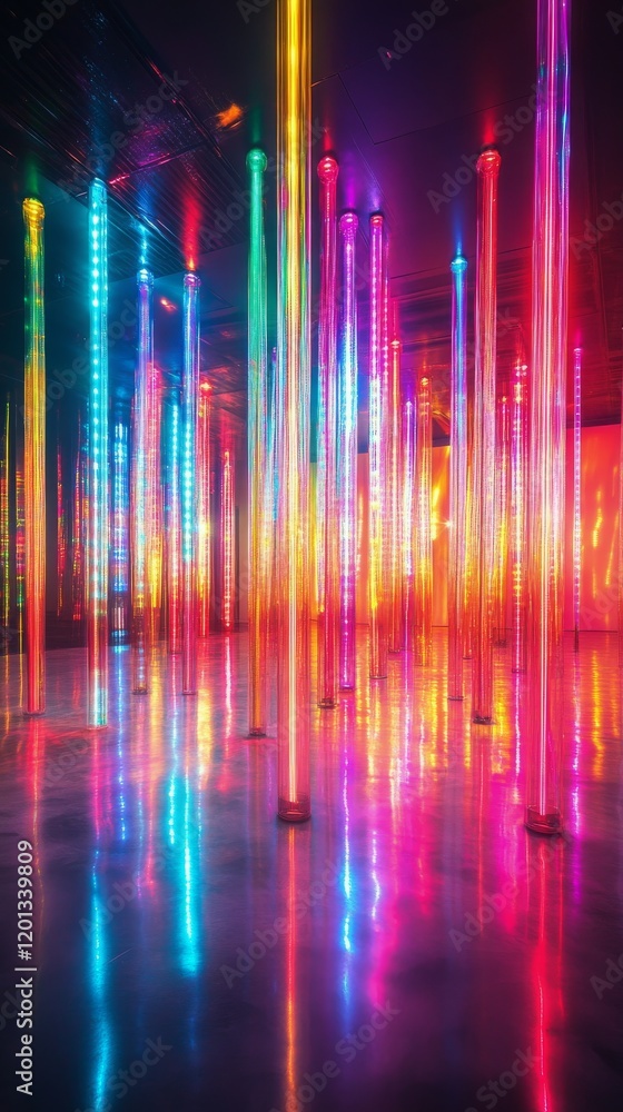 Poster vibrant illuminated columns create a mesmerizing display in an art exhibition space