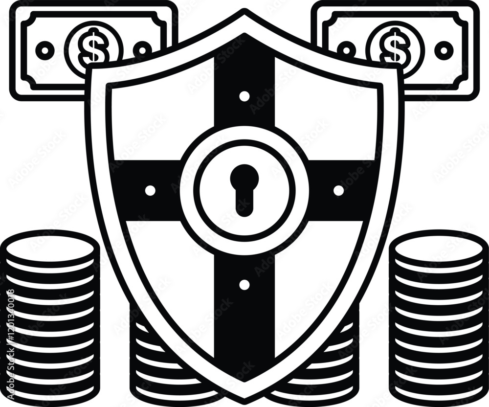 Poster a shield with a key on it and stacks of money on top of it