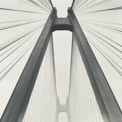 Obraz premium Tall bridge structure, grey with thin supporting cables.