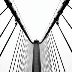 Obraz premium Black suspension bridge cables against white sky.