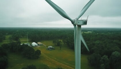 Rotating wind turbine, rural landscape, overcast sky, energy