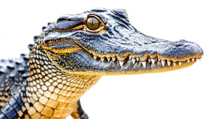 Baby alligator portrait, close-up, white background, wildlife