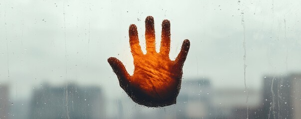 A handprint smudged on a wet glass surface, creating a blend of colors against a blurred urban backdrop.