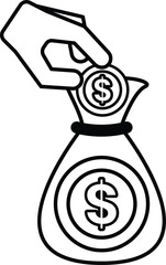 A hand is putting a coin into a bag with a dollar sign on it