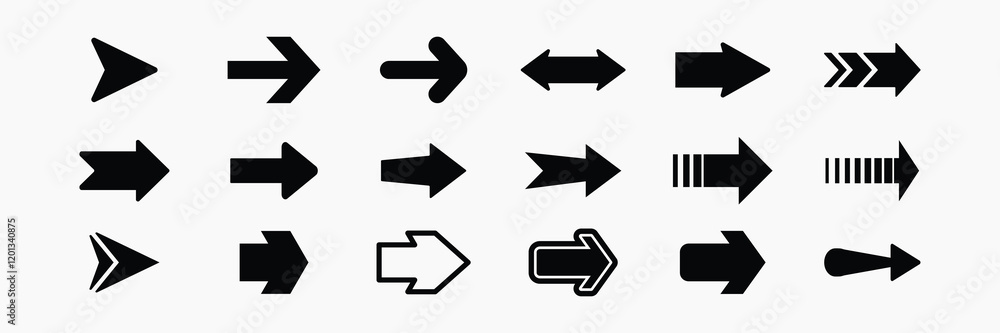 Poster collection of black arrow icons in various styles and directions for design projects needing directi