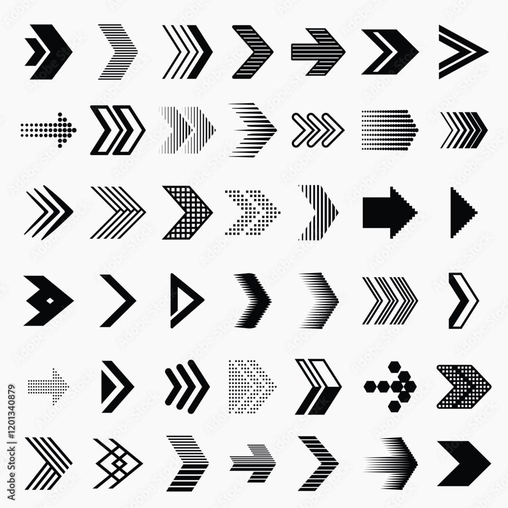 Poster collection of black arrow icons in various styles and directions for design projects needing directi