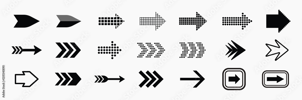 Poster collection of black arrow icons in various styles and directions for design projects needing directi