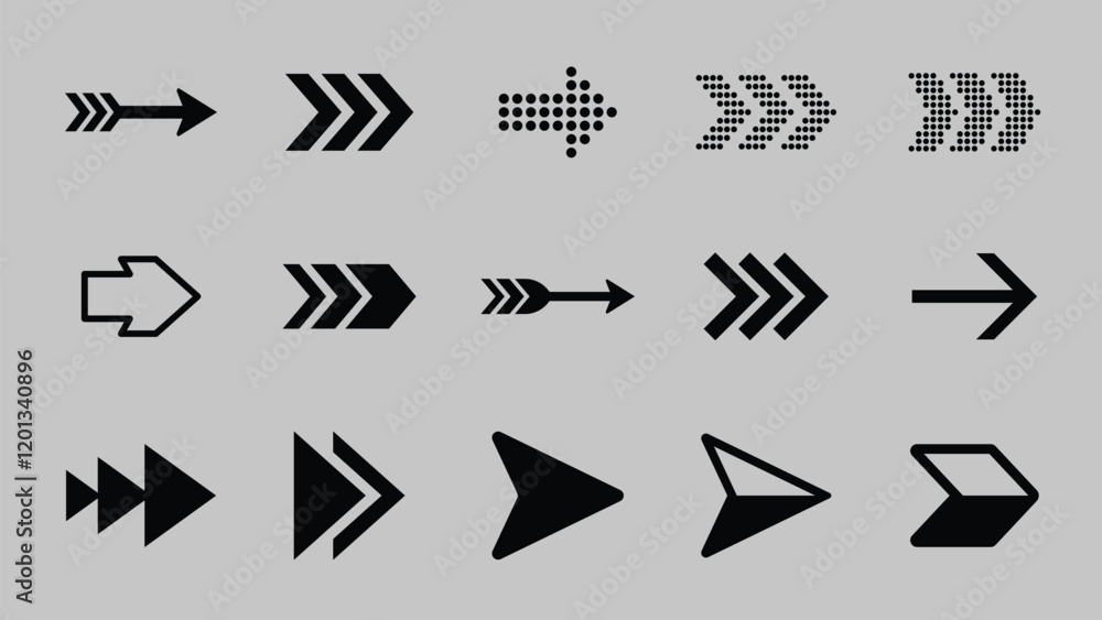 Poster collection of black arrow icons in various styles and directions for design projects needing directi