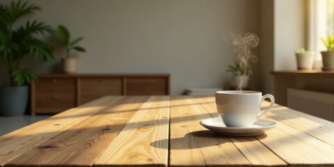 Warm Morning Light Illuminates a Steaming Cup of Coffee on a Wooden Table in a Serene Home Setting