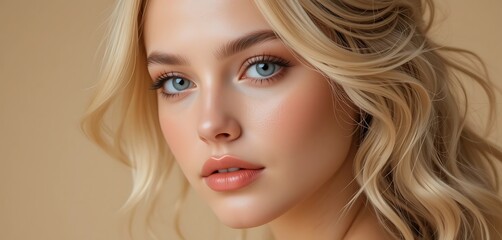 Fototapeta premium Close-up portrait of a stunning blonde woman with flawless skin and captivating light blue eyes, displaying her radiant beauty.