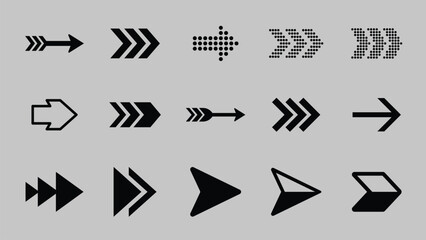 Collection of black arrow icons in various styles and directions for design projects needing directional symbols. Collection of black arrow icons and symbols. Various of simple black arrows icons