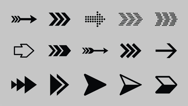 Collection of black arrow icons in various styles and directions for design projects needing directional symbols. Collection of black arrow icons and symbols. Various of simple black arrows icons