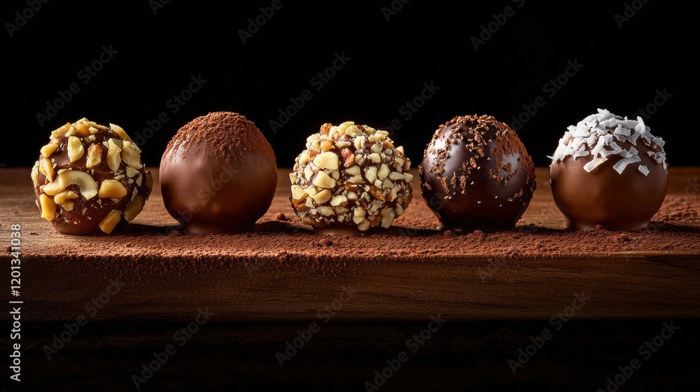 Poster delicious handcrafted chocolate truffles arranged neatly on a wooden surface with various toppings. 