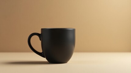 A simple black mug sits on a pale beige surface against a muted background, perfect for showcasing your design or logo