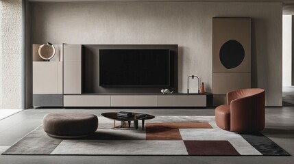 A modern living room with a sleek design, showcasing a large flat-screen TV mounted on the wall, complemented by minimalist furniture and a geometric rug