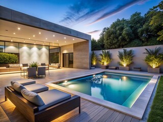 Obraz premium Minimalist Luxury Backyard Oasis: Pool, Hot Tub, Projector Screen & Lounge