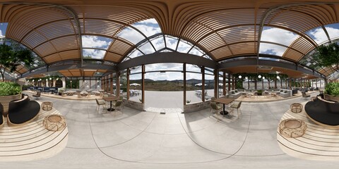 360 panorama VR , 3d rendering of interior modern cafe restaurant.
