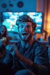 A lively man sitting on a couch with a group of friends, cheering enthusiastically while watching a football game on a large TV.