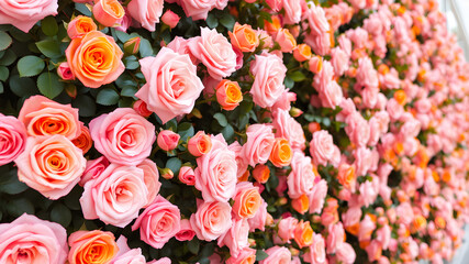 Cluster Wall of Pink and Orange Roses. Generative AI