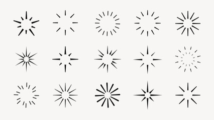 Star sparkle doodle set vector. Starburst icon set. Sparkle star firework icons. Sunburst and starburst icons. Star sparkle and starburst icon vector set. Starburst firework symbol for logo.