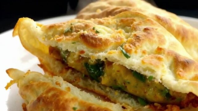 Close-Up of Bitten Samosa with Golden Flakes and Spiced Filling