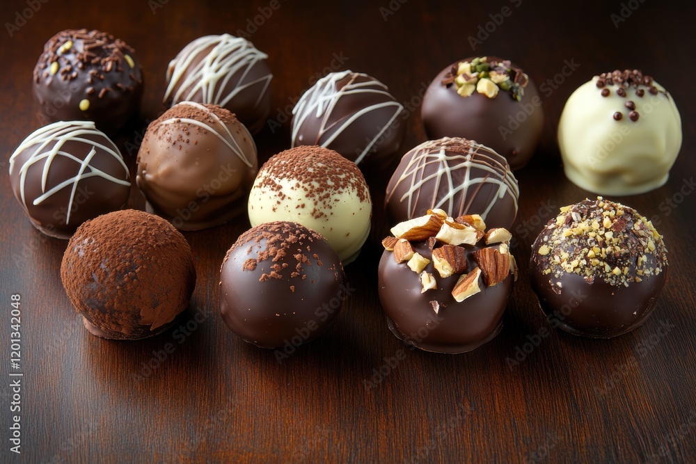 Poster assorted gourmet truffles arranged neatly on a dark wooden surface displaying rich textures and topp