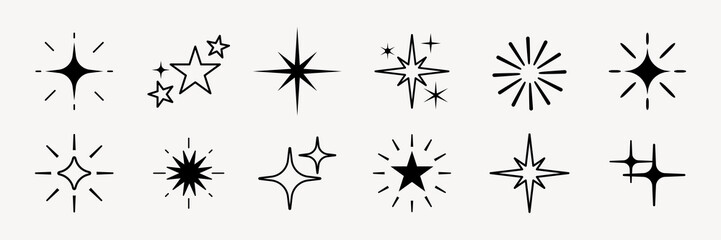 Fototapeta premium Shine star sparkle vector set. Sparkle star icons. Shine icon. Stars sparkle doodles vector. Set sparkles star symbols vector. Bright sparkle, star sparkle, shiny flash star. Star shine sparkle icon