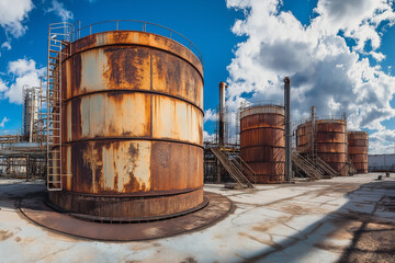 Large rusty pipes and aged storage tanks at an industrial refinery under a bright blue sky with fluffy clouds. The scene showcases aged infrastructure and heavy industry.