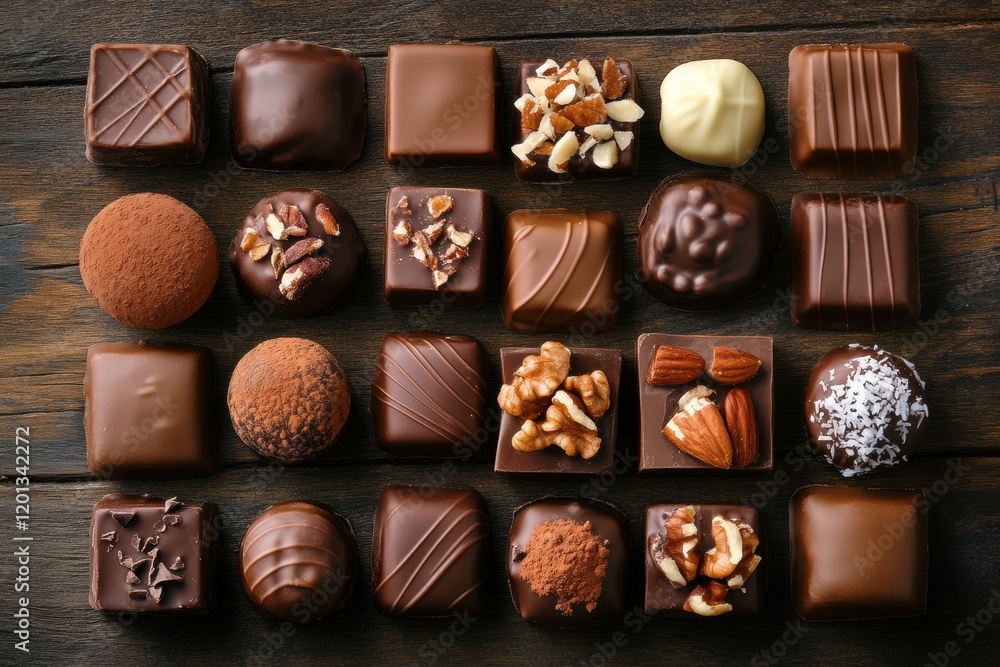Poster variety of assorted chocolates displayed on a rustic wooden surface in an appetizing arrangement. ge
