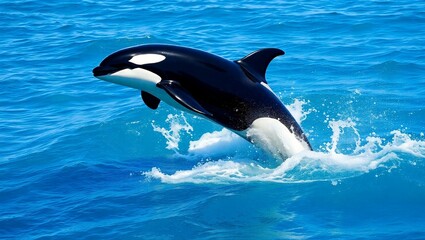 Obraz premium majestic orca breaching, crystal clear blue ocean, splashing water droplets, sunlit waves, sleek black and white killer whale, dynamic mid-air pose, marine wildlife photography, vibrant aquatic scene,