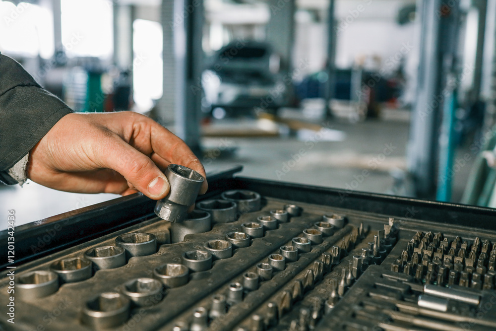Poster hand selecting a metal socket wrench piece from an organized tool tray in a workshop setting, symbol