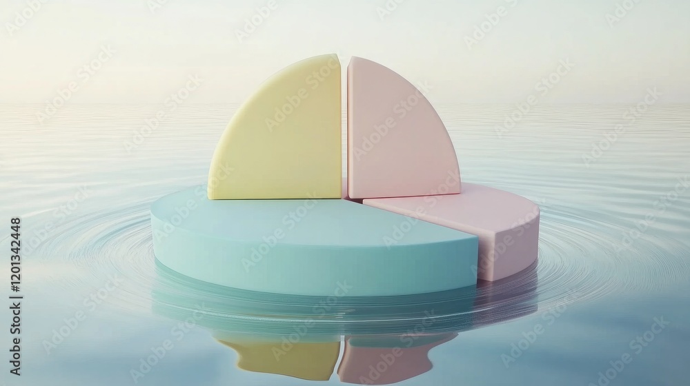Poster a multi-layered d pie chart in pastel colors, floating above a reflective surface, representing comp