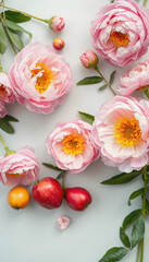 Abstract background with beautiful peonies flowers fruits, seasonal spring summer time concept, freshness, detox creative flat lay, stylish elegance composition, banner, photo, with white tones
