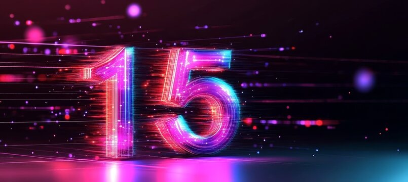 Glowing Number 15 on Digital Background, Representing Style, Futurism, and Innovation