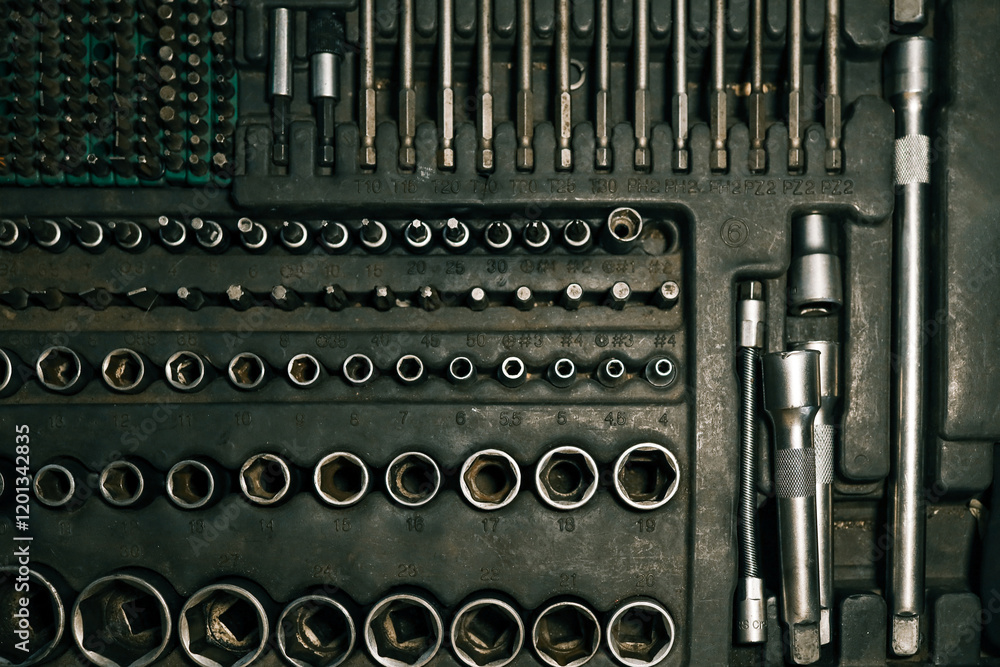 Poster close-up of a toolset including various screwdrivers, sockets, and extensions in a compact organizer