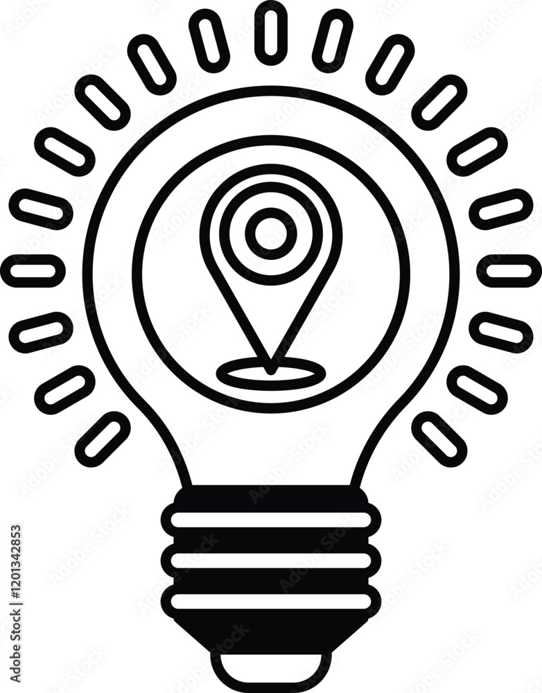 Poster a light bulb with a dot in the middle and a map of the world around it