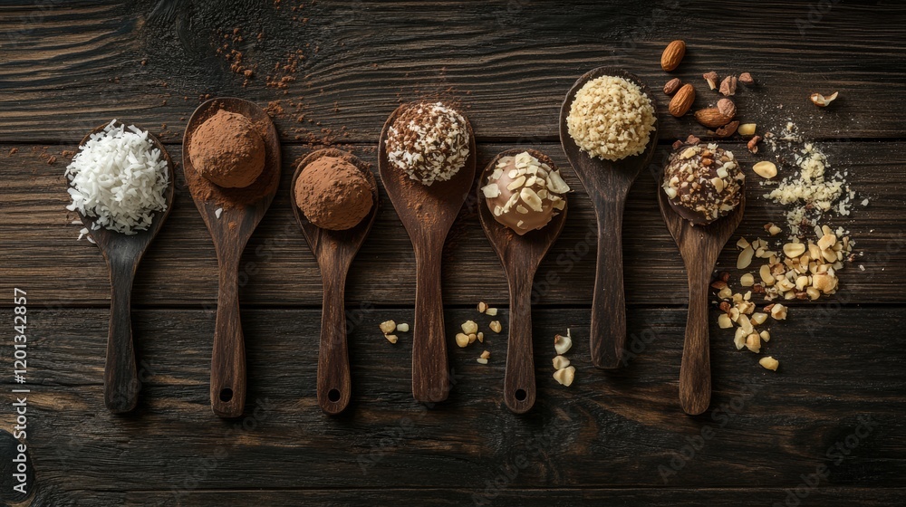 Poster variety of spices and nuts arranged on wooden spoons on rustic table. generative ai
