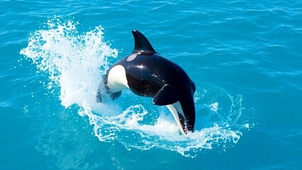 majestic orca breaching, crystal clear blue ocean, splashing water droplets, sunlit waves, sleek black and white killer whale, dynamic mid-air pose, marine wildlife photography, vibrant aquatic scene,
