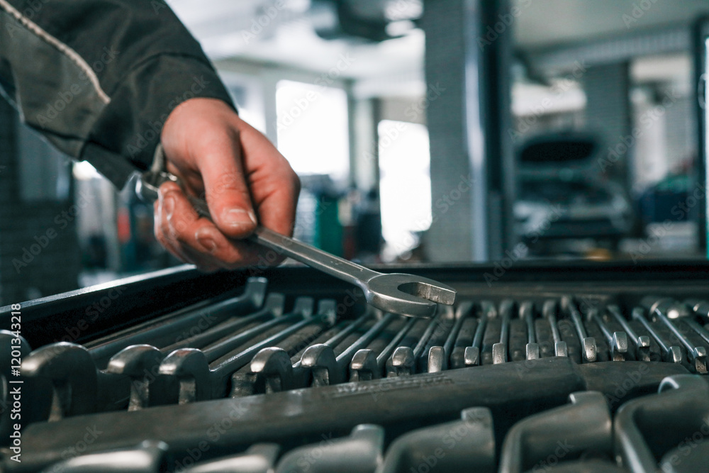 Poster Close-up of a mechanic's hand picking wrenches from a well-organized tool tray in a workshop. Metal wrenches in various sizes, ready for repair tasks