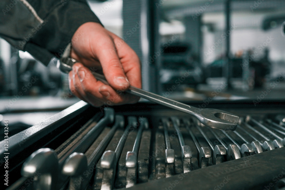 Poster close-up of a mechanic's hand picking wrenches from a well-organized tool tray in a workshop. metal 
