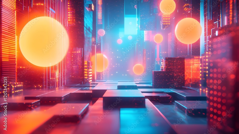Poster colorful glowing spheres float above a dynamic grid in a three-dimensional space