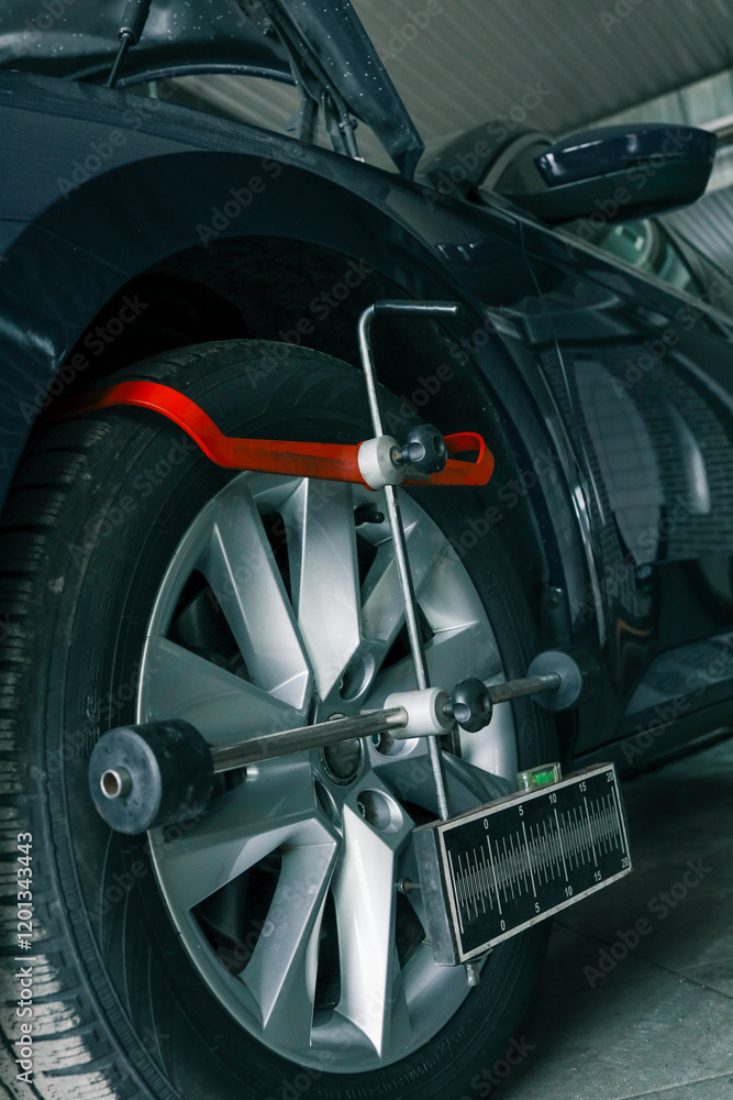 Poster Close-up of a car wheel being measured for alignment using professional calibration equipment in an auto workshop