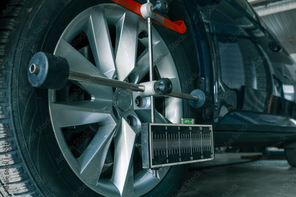 Poster Close-up of a car wheel being measured for alignment using professional calibration equipment in an auto workshop