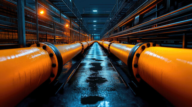 A dimly lit industrial space featuring vibrant orange pipes running parallel, reflecting light on a wet floor, creating a striking visual contrast.