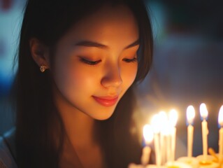 Young woman with long dark hair celebrates with lit birthday candles in the dark